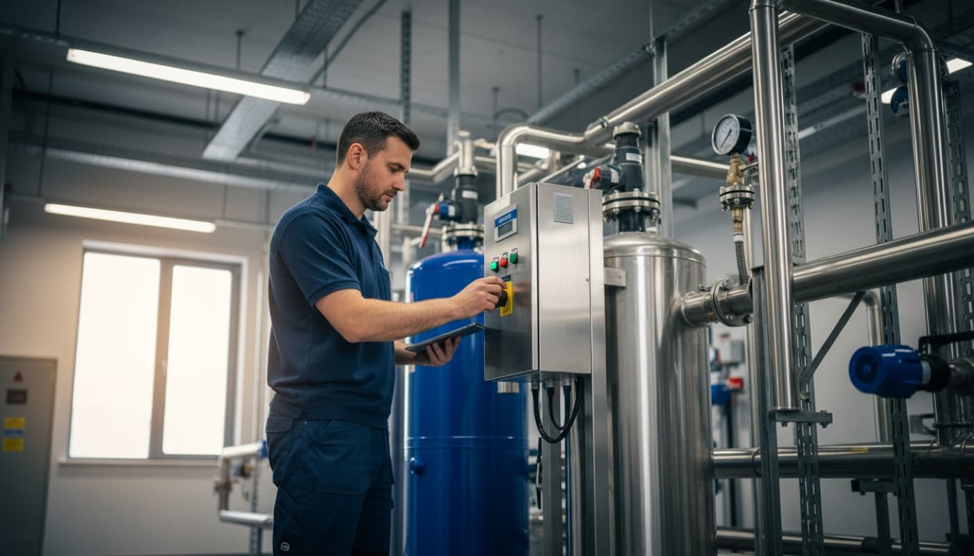 Duplex commercial water softener in a Saudi plant room