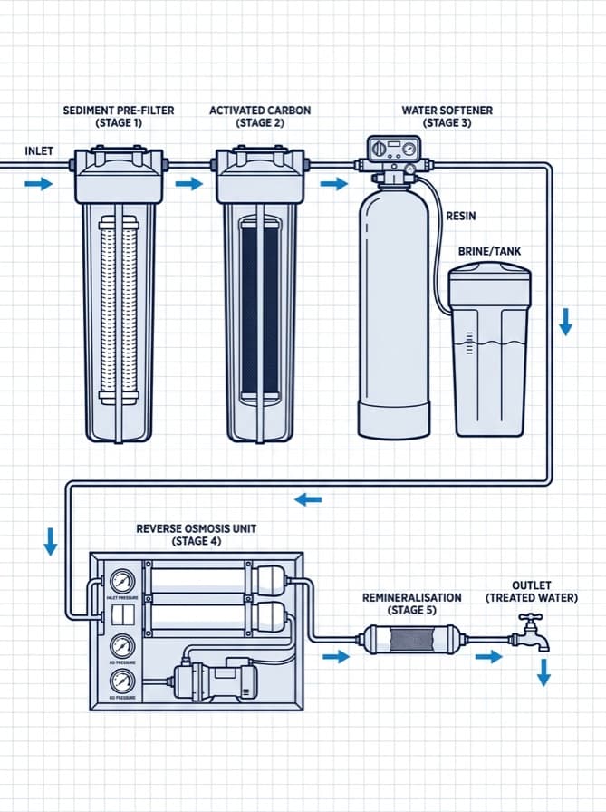 Five-stage water treatment schematic: sediment pre-filter, activated carbon, softener, compact reverse osmosis and remineralisation cartridge