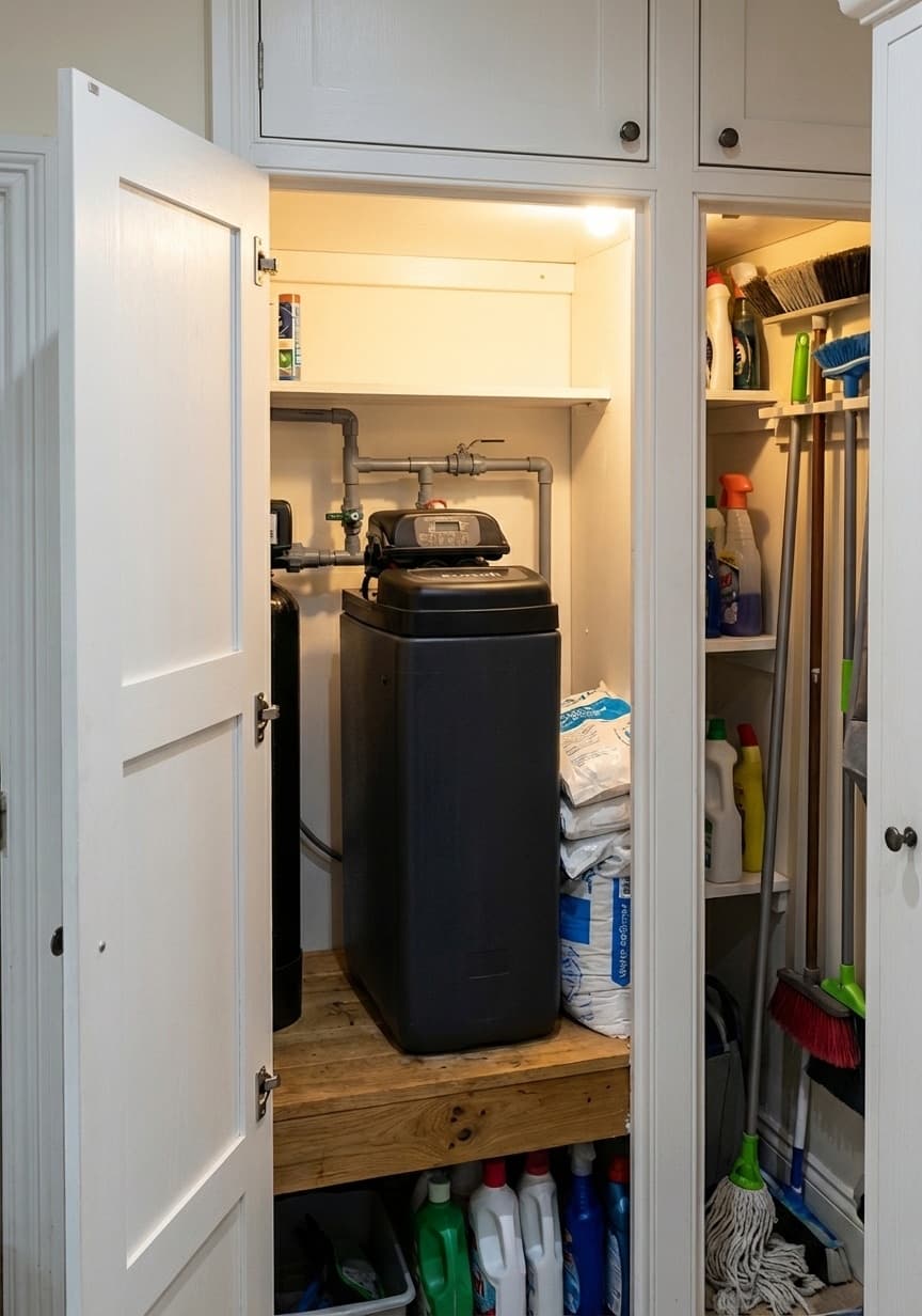 Home water softener installed in a utility cupboard