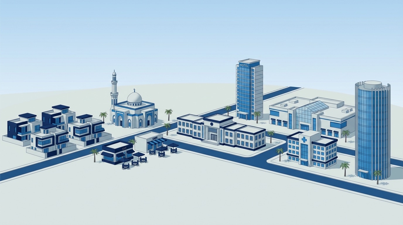 Illustrated town showing the kinds of buildings Sovereign treats water for: homes, a mosque, restaurants, a school, hotels, a mall, a hospital and offices.